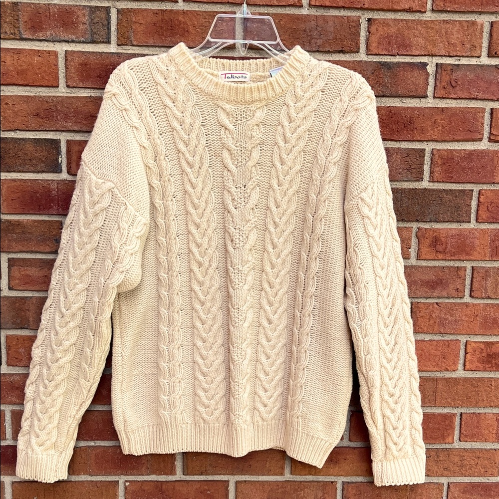 VTG Talbots 100% Pure New Wool Cable Knit Fisherman Sweater L Unisex Washable